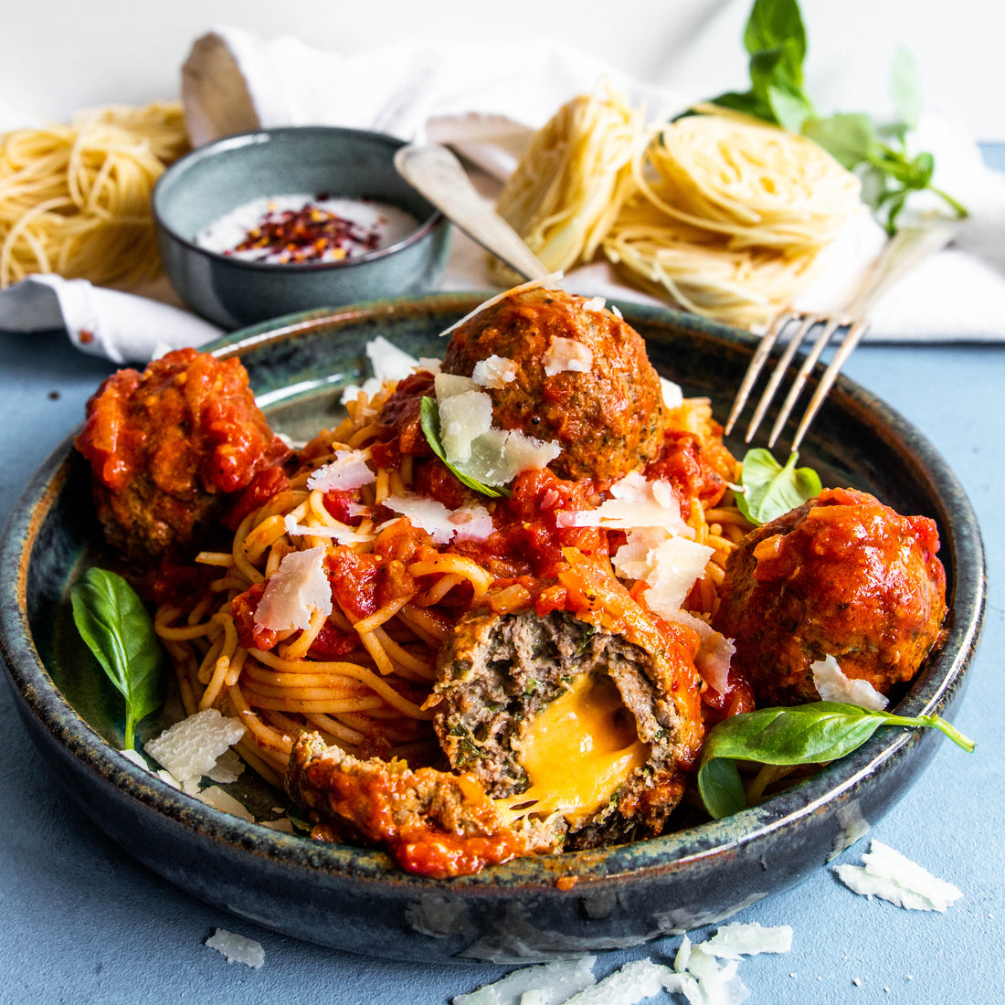 Chilli Cheesy Meatballs with Spaghetti