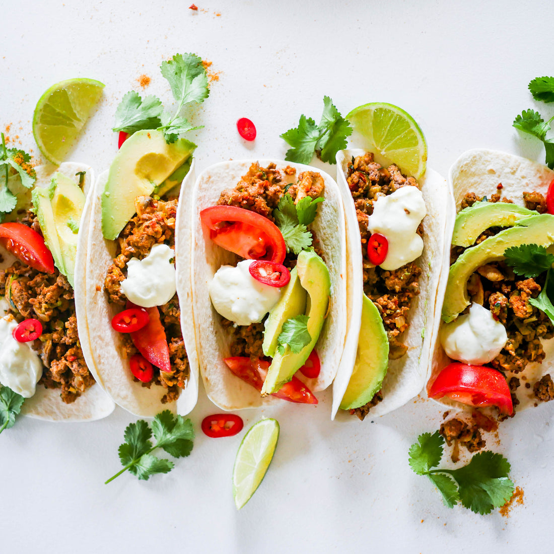 Veggie Beef Tacos with Lime Yoghurt Dressing